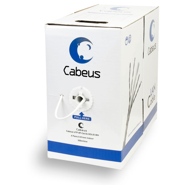 Cabeus UTP-4P-Cat.5e-SOLID-WH Кабель витая пара UTP (U/UTP), категория 5e, 4 пары 0,51мм (24 AWG), одножильный, белый (305 м)