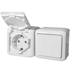 LEGRAND 782318 Выключатель+ розетка 2К+3, накл. монтаж, с винт. зажимами, со шторками, с защитной крышкой, 16А, белый, IP44, Quteo