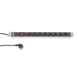 Hyperline SHT19-8SH-S-2.5EU Блок розеток для 19 шкафов, горизонтальный, с выключателем с подсветкой, 8 розеток Schuko (16A), кабель питания 2.5 м с вилкой Schuko, 482.6 мм x 44.4 мм x 44.4 мм (ДхШхВ)Блоки розеток Hyperline