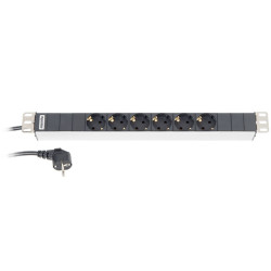 Hyperline SHT19-6SH-2.5EU Блок розеток для 19 шкафов, горизонтальный, 6 розеток Schuko (16A), 230 В, кабель питания 1.5мм2, длина 2.5 м, с вилкой Schuko, 482.6 мм x 44.4 мм x 44.4 мм (ДхШхВ)Блоки розеток Hyperline