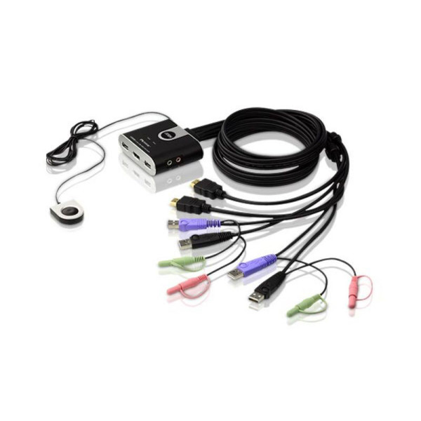 ATEN CS692-AT Переключатель, электрон., KVM+Audio, 1 user USB+HDMI => 2 cpu USB+HDMI, со встр.шнурами USB+Audio 2x1.2м., 1920x1200, настол., исп.стандарт.шнуры, без OSD, некаскад., (1920x1200, HDCP, DynaSync (EDID), поддержка ОС Windows/Linux/Mac)