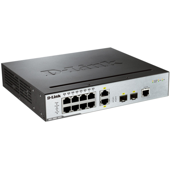 D-Link DGS-3000-10TC/A1A Управляемый коммутатор уровня 2 с 8 портами 10/100/1000 Base-T и 2 комбо-портами 10/100/1000BASE-T/SFP