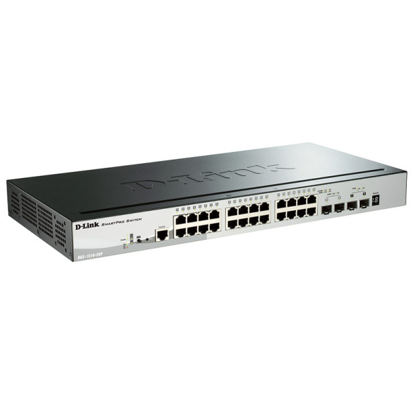 D-Link DGS-1510-28P/A1A Управляемый стекируемый коммутатор SmartPro с 24 портами 10/100/1000Base-T с поддержкой PoE, 2 портами 1000Base-X SFP и 2 портами 10GBase-X SFP+