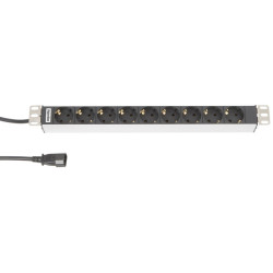 Hyperline SHT19-9SH-2.5IEC Блок розеток для 19 шкафов, горизонтальный, 9 розеток Schuko (10A), 230 В, кабель питания 1.5мм2, длина 2.5 м, с вилкой EC 320 C14, 482.6 мм x 44.4 мм x 44.4 мм (ДхШхВ)Блоки розеток Hyperline