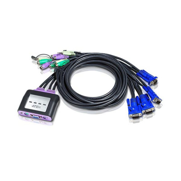 ATEN CS64A-A7 Переключатель, электрон., KVM+Audio, 1 user PS2+VGA => 4 cpu PS2+VGA, со встр.шнурами PS2 4x1.2м., 2048x1536, настол., исп.стандарт.шнуры, без OSD, некаскад.
