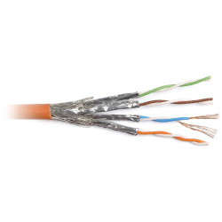 Hyperline SFTP4-C6-P26-IN-PVC-OR-500 (SFTP4-C6-P26-IN-FRPVC-OR-500) (SSTP4-C6-PATCH-INDOOR-500) (500 м) Кабель витая пара, экраниров. S/FTP, категория 6, 4 пары (26 AWG), многожильный (patch), экран - фольга + медная оплетка, PVC, –30°C – +70°C, оран..