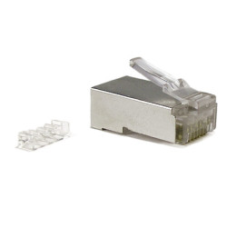 Hyperline PLUG-8P8C-UV-C6-SH-100 Разъем RJ-45(8P8C) под витую пару, категория 6 (50 µ/ 50 микродюймов), экранированный, универсальный (для одножильного и многожильного кабеля), со вставкой (100 шт)