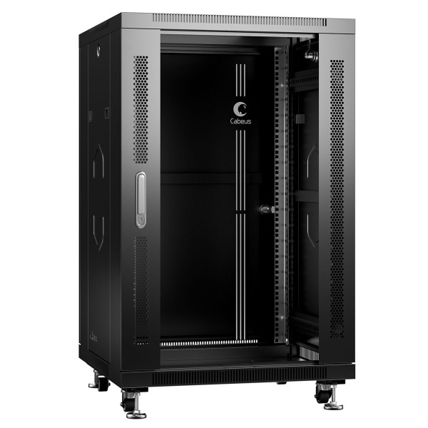 Cabeus SH-05C-18U60/60-BK Шкаф телекоммуникационный 19 напольный 18U 600x600x988mm (ШхГхВ) передняя стеклянная и задняя сплошная металлическая двери, ручка с замком, цвет черный (RAL 9004)