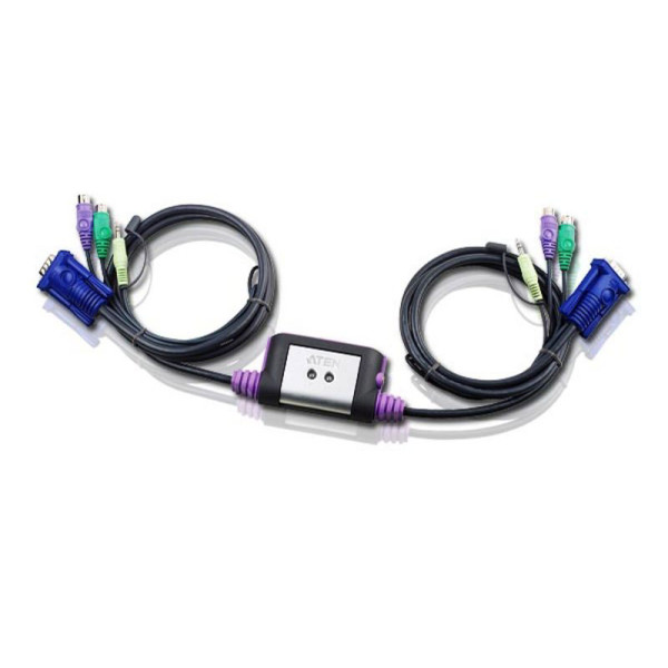 ATEN CS62A-A7 Переключатель, электрон., KVM+Audio, 1 user PS2+VGA => 2 cpu PS2+VGA, со встр.шнурами PS2 2x1.2м., 2048x1536, настол., исп.стандарт.шнуры, без OSD, некаскад.,