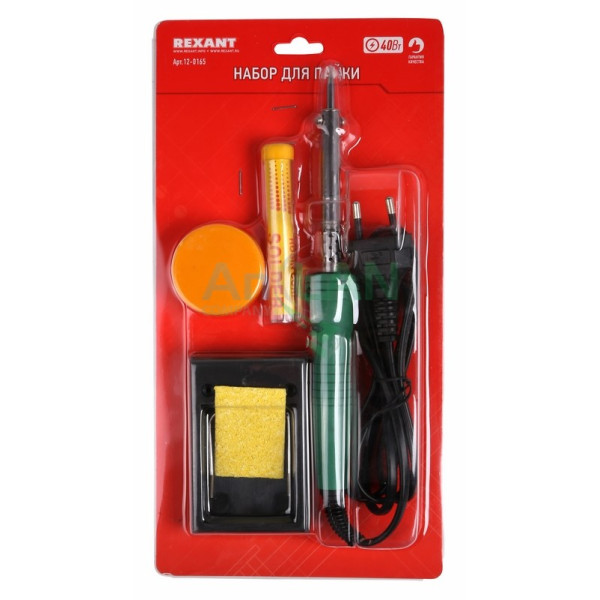 REXANT 12-0165 Набор для пайки №11 (паяльник 40Вт, подставка, губка для удаления припоя, канифоль, припой)