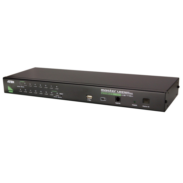 ATEN CS1716i-AT-Gi Переключатель, электрон., KVM, 1 local user PS2+VGA+1 IP user => 16 cpu PS2/USB+VGA, со шнурами USB 2х1.8м., 1600x1200 удал.конс/2048x1536 локал.конс, 1U 19, исп.спец.шнуры, OSD, каскад. до 256, (USB hub 1.1;шифров. RC4 128bit)