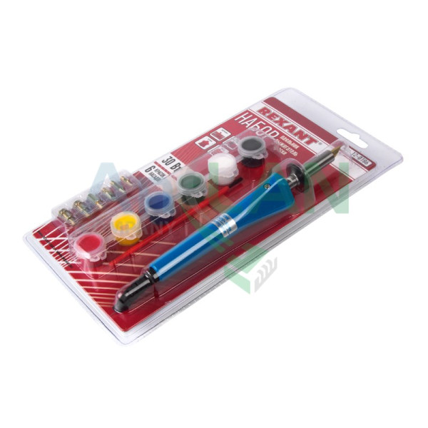 REXANT 12-0186 Набор паяльник-выжигатель (6 насадок) 220V/30 Вт + Краски