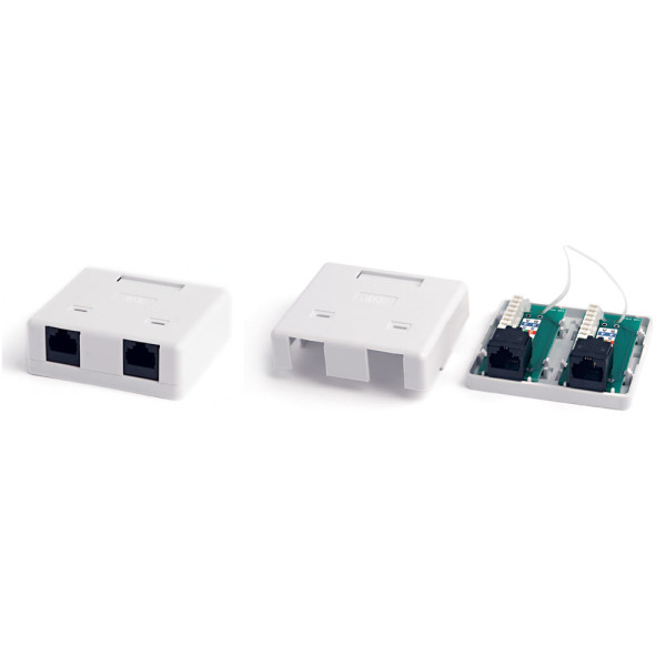 Hyperline SB2-2-8P8C-C6-WH Розетка компьютерная RJ-45(8P8C), категория 6, двойная, внешняя, Dual IDCРозетки RJ-45, категория 6