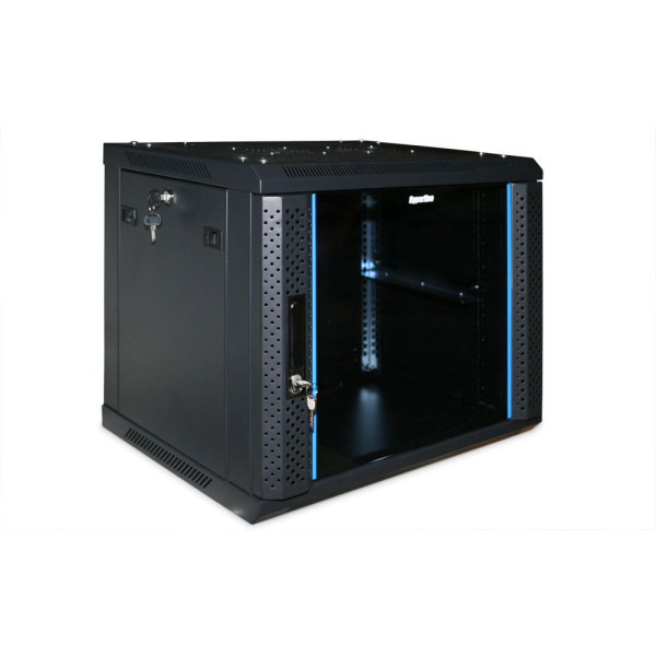 Hyperline TWFS-0445-GP-RAL9004 Шкаф настенный 19-дюймовый (19), 4U, 278x600х450мм, стеклянная дверь с перфорацией по бокам, ручка с замком, цвет черный (RAL 9004) (разобранный)