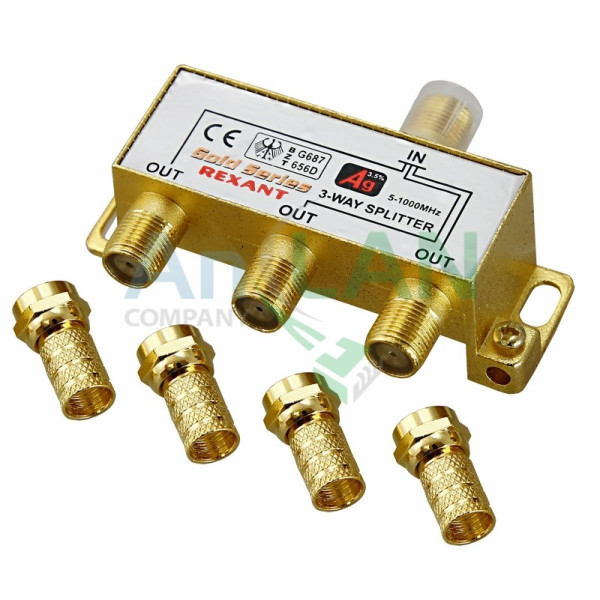REXANT 05-6102-1 ДЕЛИТЕЛЬ ТВ x 3 + 4шт. F BOX 5-1000 МГц GOLD
