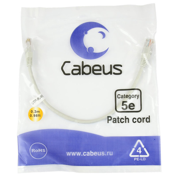 Cabeus PC-UTP-RJ45-Cat.5e-0.3m Патч-корд UTP, категория 5e, 0.3 м, неэкранированный, серый