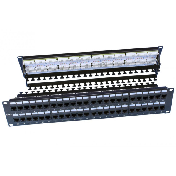 Hyperline PP3-19-48-8P8C-C6-110D Патч-панель 19, 2U, 48 портов RJ-45, категория 6, Dual IDC, ROHS, цвет черный (задний кабельный организатор в комплекте)19-дюймовые патч-панели RJ-45, серия PP3, неэкранированные, категория 6