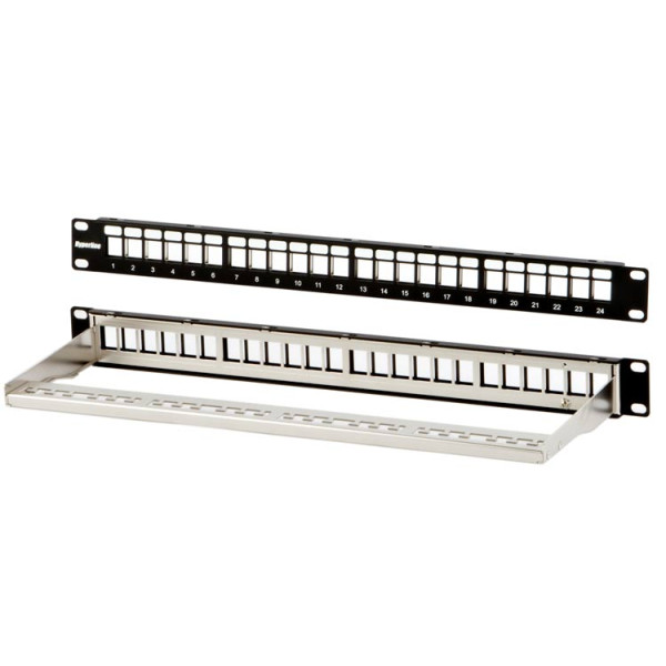 Hyperline PPBL3-19-24-SH-RM Модульная патч-панель 19, 24 порта, Flat Type, 1U, для экранированных и неэкранированных модулей KJ2(C6A), KJ5, KJE, KJNE, с задним кабельным организатором (без модулей)