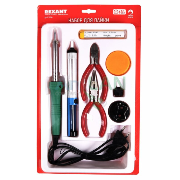 REXANT 12-0166 Набор для пайки №13 (паяльник 40Вт, подставка, губка для удаления припоя, канифоль, припой)