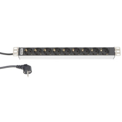 Hyperline SHT19-9SH-2.5EU Блок розеток для 19 шкафов, горизонтальный, 9 розеток Schuko (16A), 230 В, кабель питания 1.5мм2, длина 2.5 м, с вилкой Schuko, 482.6 мм x 44.4 мм x 44.4 мм (ДхШхВ)Блоки розеток Hyperline