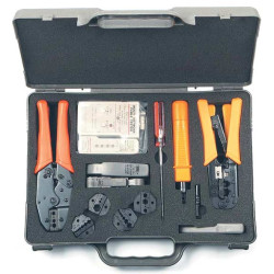 Hyperline HT-4015 Набор инструментов для инсталляции сети (инструмент обжимной для RJ-45/12/11, инструмент обжимной для RG-6/8/11/58/59/62/174/179, обрезка, зачистка, инструмент для заделки витой пары 66/88/110 типа, тестер)