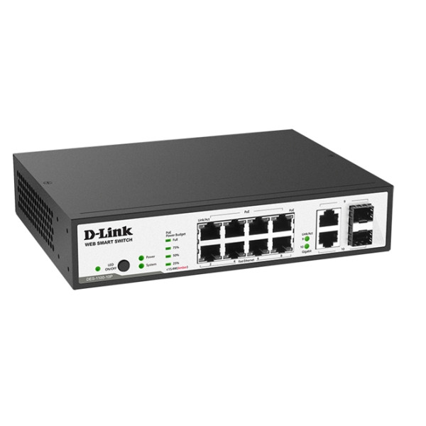 D-Link DES-1100-10P/A1A Настраиваемый коммутатор 2 уровня с 8 портами 10/100Base-TX с поддержкой PoE и 2 комбо-портами 100/1000Base-T/SFP