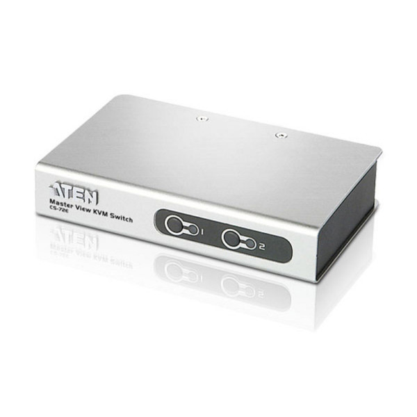 ATEN CS72ECZ-AT Переключатель, электрон., KVM, 1 user PS2+VGA => 2 cpu PS2/USB+VGA, со шнурами PS2 2х1.2м., 2048x1536, настол., исп.спец.шнуры, без OSD, некаскад