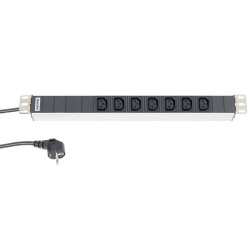 Hyperline SHT19-7IEC-2.5EU Блок розеток для 19 шкафов, горизонтальный, 7 x IEC 320 C13 (16A), 230 В, кабель питания 3х1мм2, длина 2.5 м, с вилкой Schuko, 482.6 мм x 44.4 мм x 44.4 мм (ДхШхВ)Блоки розеток Hyperline