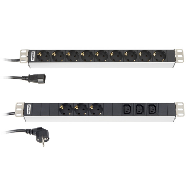 Hyperline SHT19-7SH-IF-2.5EU Блок розеток для 19 шкафов, горизонтальный, с ф-ями контроля и защиты, 7 розеток Schuko (16A), индикатор питания, ограничитель перенапряжений (смен. блок), кабель питания 2.5 м с вилкой Schuko, 482.6 x 44.4 х 44.4 мм (Д..