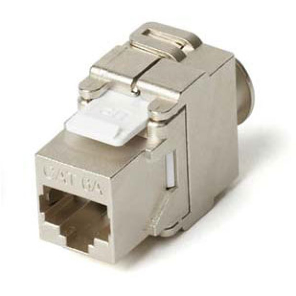Hyperline KJ2-8P8C-C6A-180-SH-F-WH Вставка Keystone Jack RJ-45(8P8C), категория 6a (10G), экранированная, Toolless, белаяМодуль RJ-45 (8P8C), категория 6A (10G), полный экран, заделка без инструмента, белый
