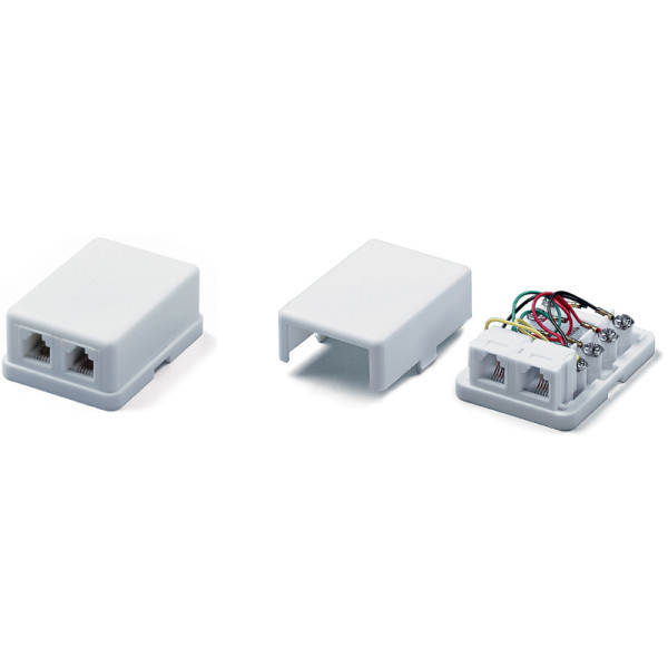 Hyperline SB-2-6P4C-C2-WH Розетка телефонная RJ-12(6P4C), двойная, внешняя, белаяТелефонные розетки для настенного монтажа