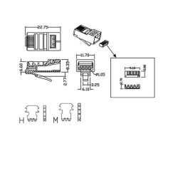 Cabeus 8P8C-SH-C6-TWP Коннектор RJ-45 под витую пару, категория 6 (50 µ/ 50 микродюймов), экранированный, универсальный (для одножильного и многожильного кабеля), со вставкой