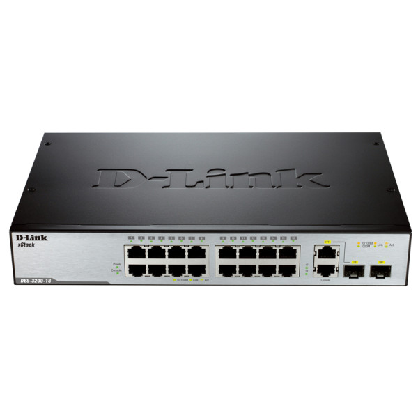 D-Link DES-3200-18/A1A/C1A Управляемый коммутатор 2 уровня с 16 портами 10/100Base-TX, 1 портом 100/1000Base-X SFP и 1 комбо-портом 100/1000Base-T/SFP