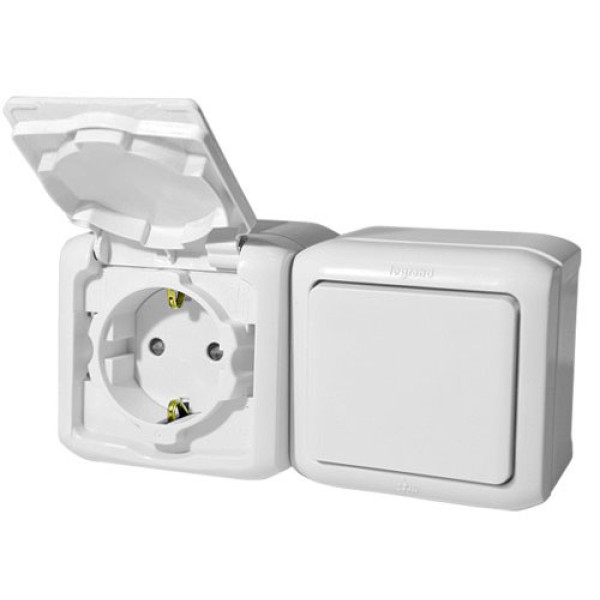LEGRAND 782318 Выключатель+ розетка 2К+3, накладной монтаж, с винтовыми зажимами, со шторками, с защитной крышкой, 16А, белый, IP44, Quteo