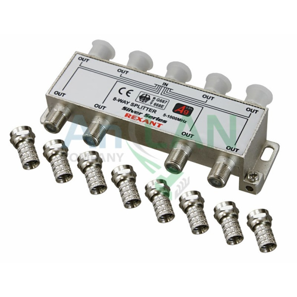 REXANT 05-6105 ДЕЛИТЕЛЬ ТВ x 8 + 9шт. F BOX 5-1000 МГц Silver