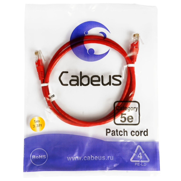 Cabeus PC-UTP-RJ45-Cat.5e-1m-RD Патч-корд UTP, категория 5e, 1 м, неэкранированный, красный