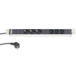Hyperline SHT19-3SH-3IEC-2.5EU Блок розеток для 19 шкафов, горизонтальный, 3 х Schuko (16A) + 3 x IEC 320 C13 (16A), 230 В, кабель питания 1.5 мм2, длина 2.5 м, с вилкой Schuko, 482.6 мм x 44.4 мм x 44.4 мм (ДхШхВ)Блоки розеток Hyperline