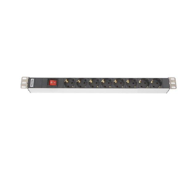 Hyperline SHT19-8SH-S-IEC Блок розеток для 19 шкафов, горизонтальный, с выключателем с подсветкой, 8 розеток Schuko (10A), вилка IEC320 C14 на тыльной стороне, кабель питания С13-С14, 3х1мм2, 3 м, с вилкой IEC320 C14 (10А), 482.6x116.0x44.4 ммБло..