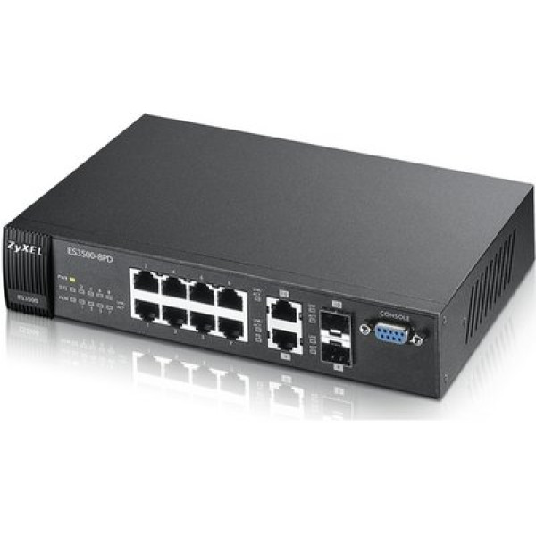 ZyXEL ES3500-8PD 8-портовый управляемый коммутатор L2+ Fast Ethernet с 2 портами Gigabit Ethernet совмещенными с SFP-слотами ZyXEL ES3500-8PD 8-портовый управляемый коммутатор L2+ Fast Ethernet с 2 портами Gigabit Ethernet совмещенными с SFP-слотами